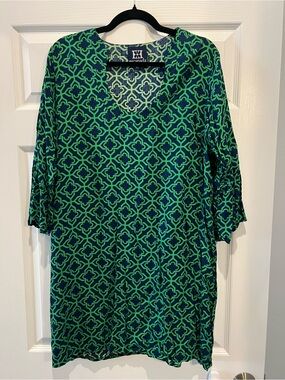 Escapada green and blue geometric print V-neck tunic dress size xl